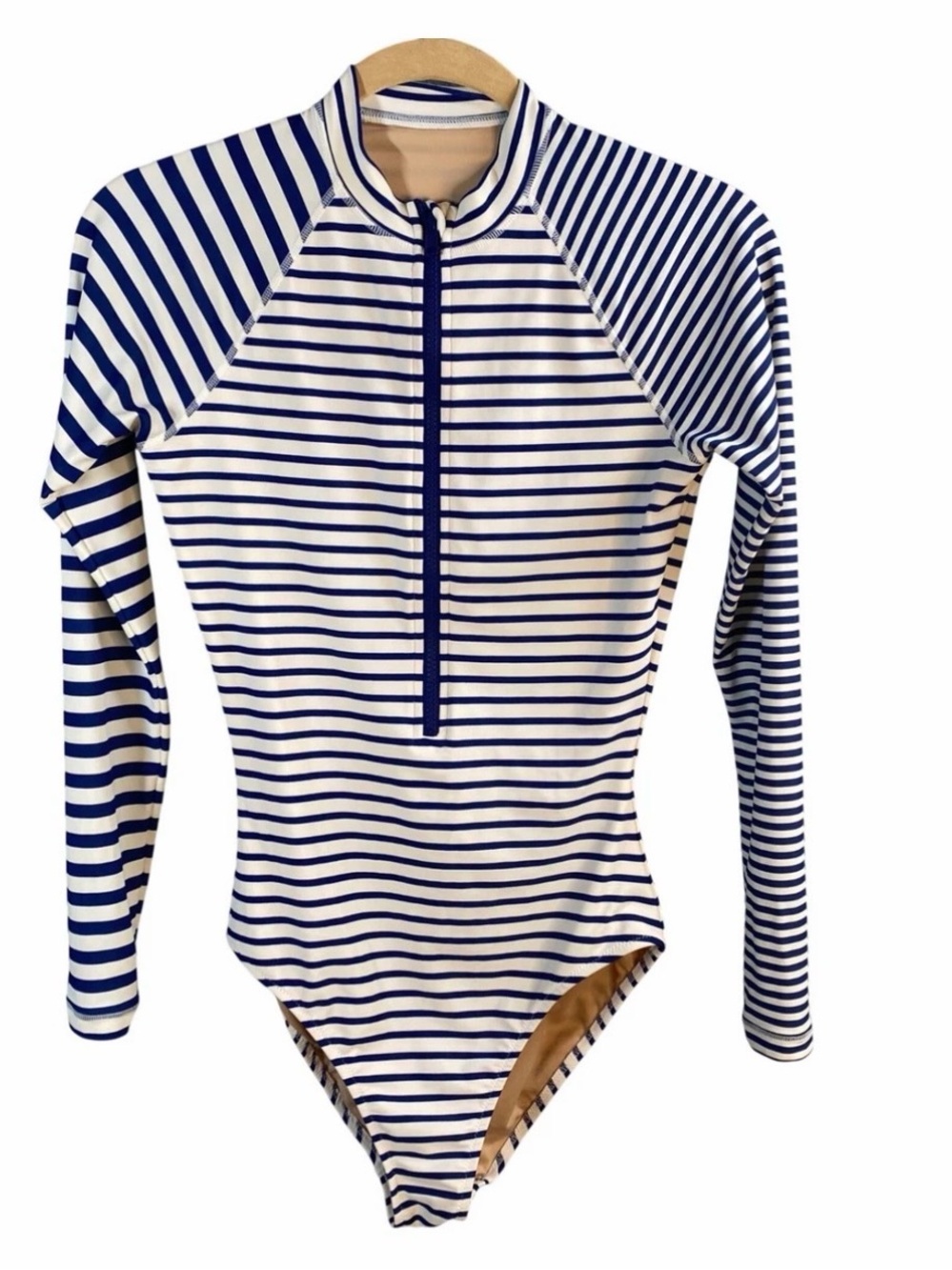 J. Crew Navy and White Striped Long-Sleeve One-Piece swimsuit